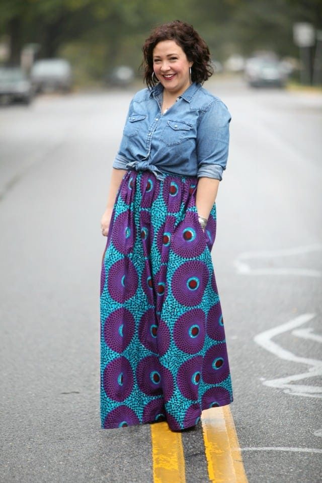 wardrobe oxygen wearing an ankara skirt and denim shirt outfit of the day over 40 fashion blog