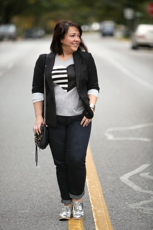 wardrobe oxygen wearing gap real straight jeans with a j. crew tee and vince camuto blazer