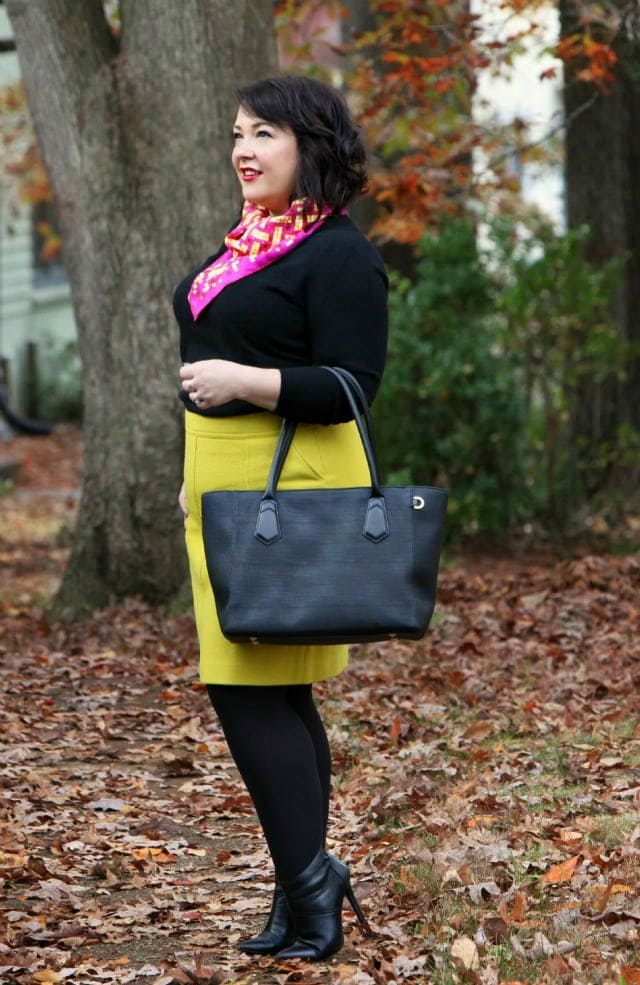 Wardrobe Oxygen wearing a Dagne Dover tote with Hermes scarf and Talbots skirt