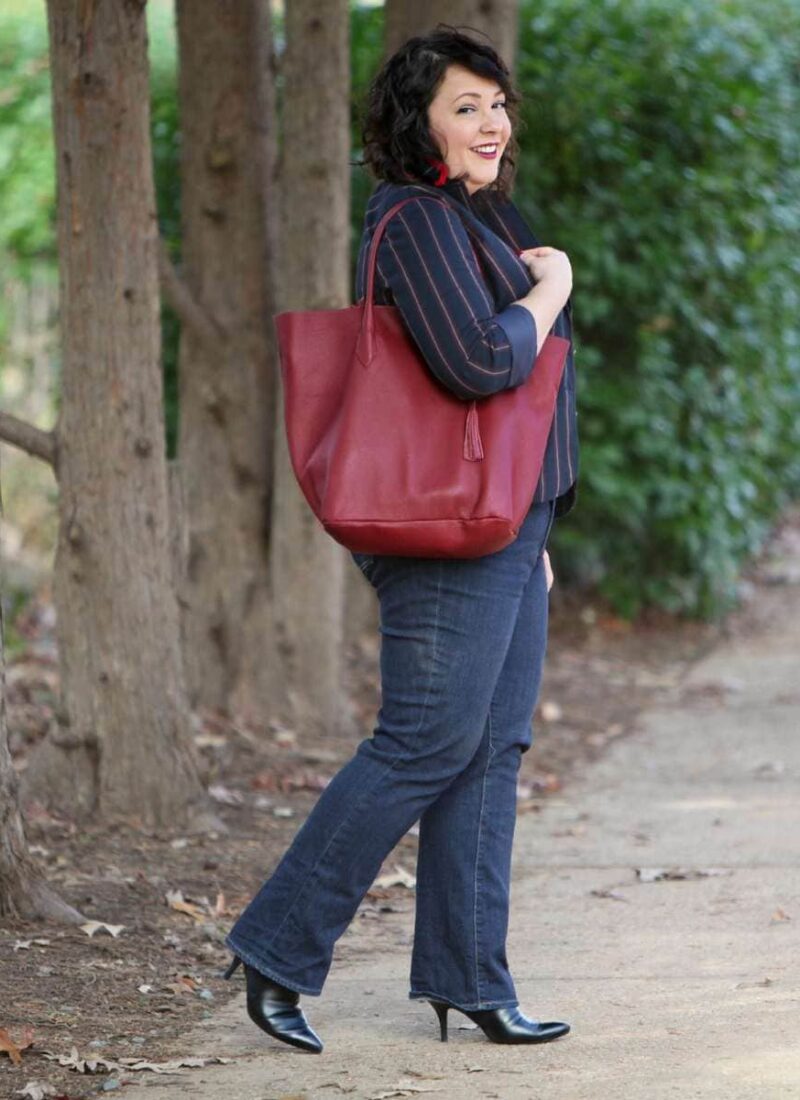 Wardrobe Oxygen wearing a blazer and jeans from Talbots with ADORA Bags tote in Limited Edition Marsala Leather