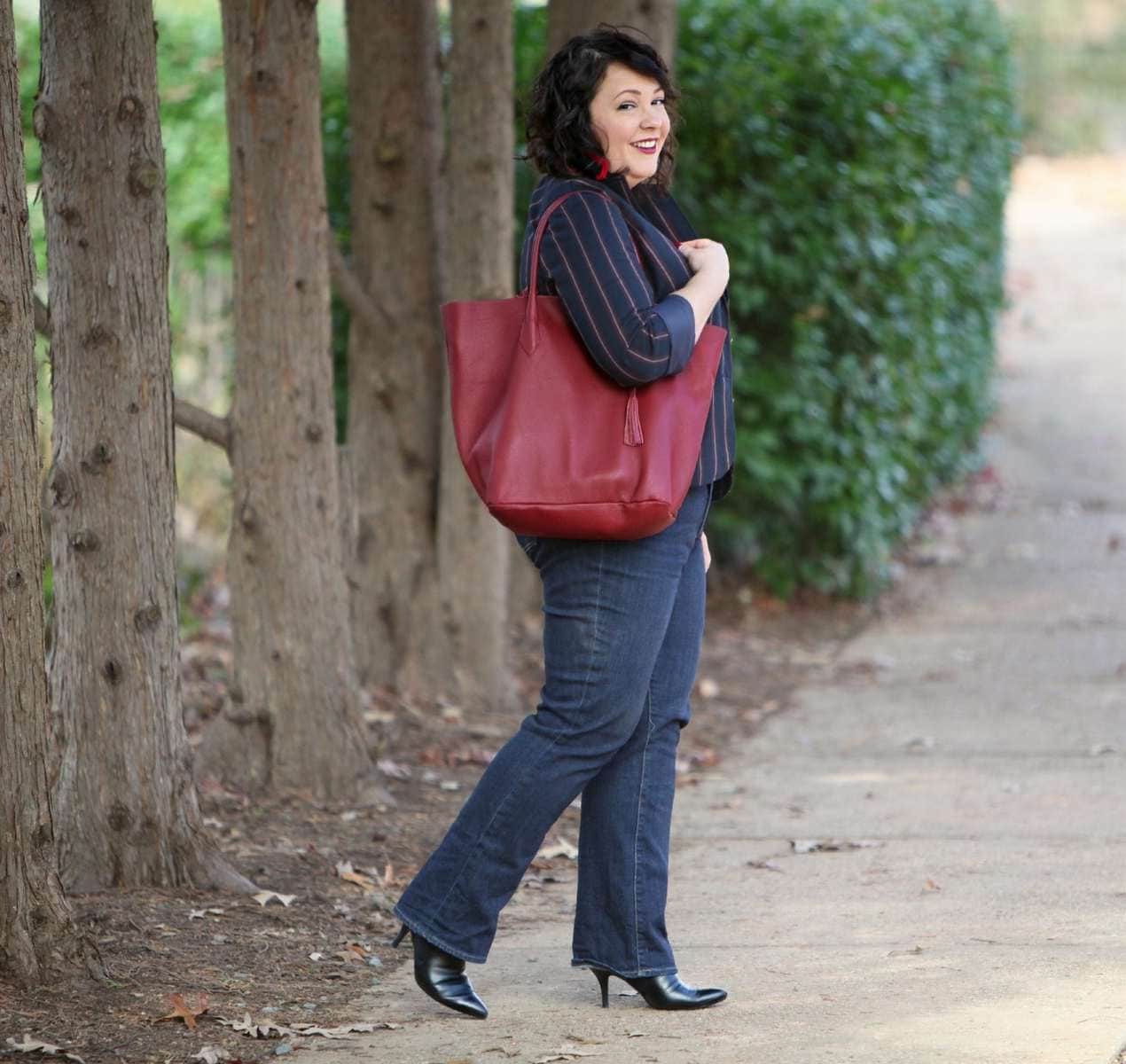 Wardrobe Oxygen wearing a blazer and jeans from Talbots with ADORA Bags tote in Limited Edition Marsala Leather