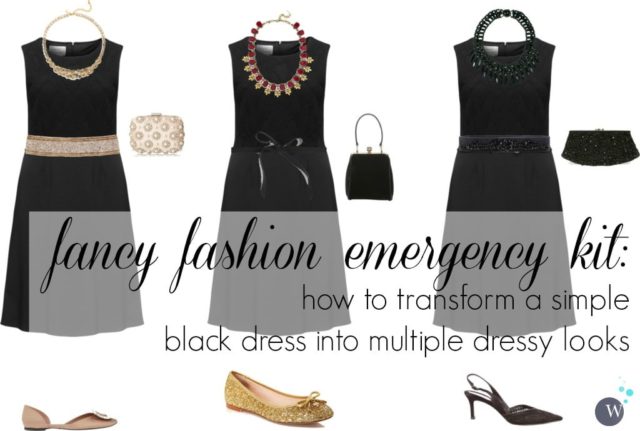 how to transform a simple black dress into multiple dressy looks