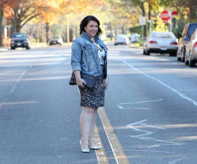 Wardrobe Oxygen wearing a J. Crew Factory denim jacket and leopard skirt and Nine West silver pumps