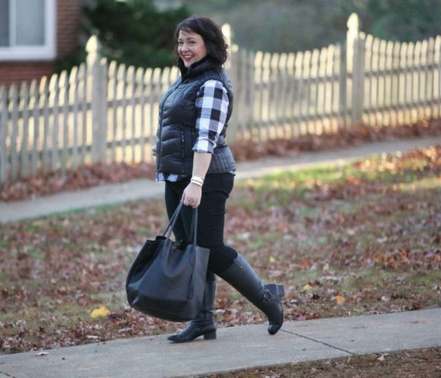 Wardrobe Oxygen featuring a Foxcroft plaid shirt, Bernardo vest, and Adora Bags leather tote