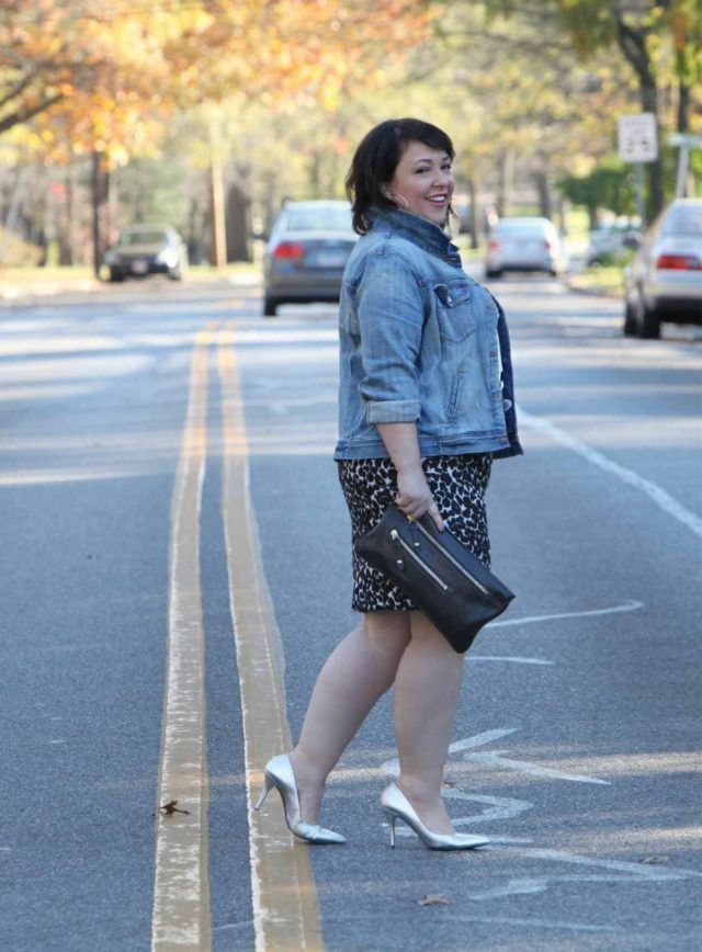 Wardrobe Oxygen wearing a J. Crew Factory denim jacket and leopard skirt and Nine West silver pumps