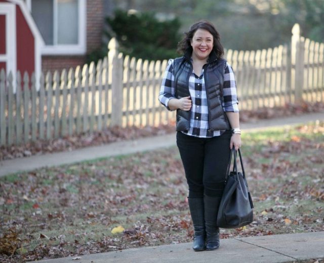 Wardrobe Oxygen featuring a Foxcroft plaid shirt, Bernardo vest, and Adora Bags leather tote