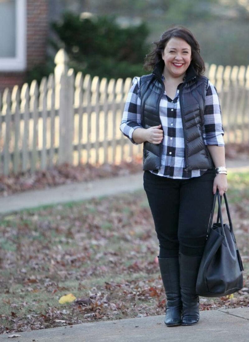 Wardrobe Oxygen featuring a Foxcroft plaid shirt, Bernardo vest, and Adora Bags leather tote What I Wore: Weekend Style