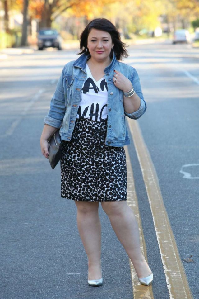 Wardrobe Oxygen wearing a J. Crew Factory denim jacket and leopard skirt and Nine West silver pumps