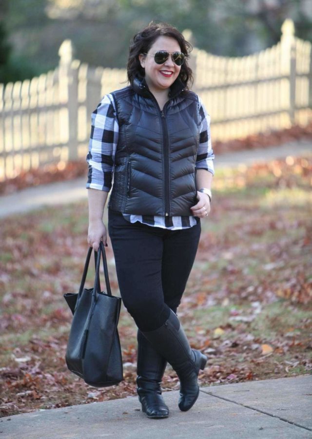 Wardrobe Oxygen featuring a Foxcroft plaid shirt, Bernardo vest, and Adora Bags leather tote