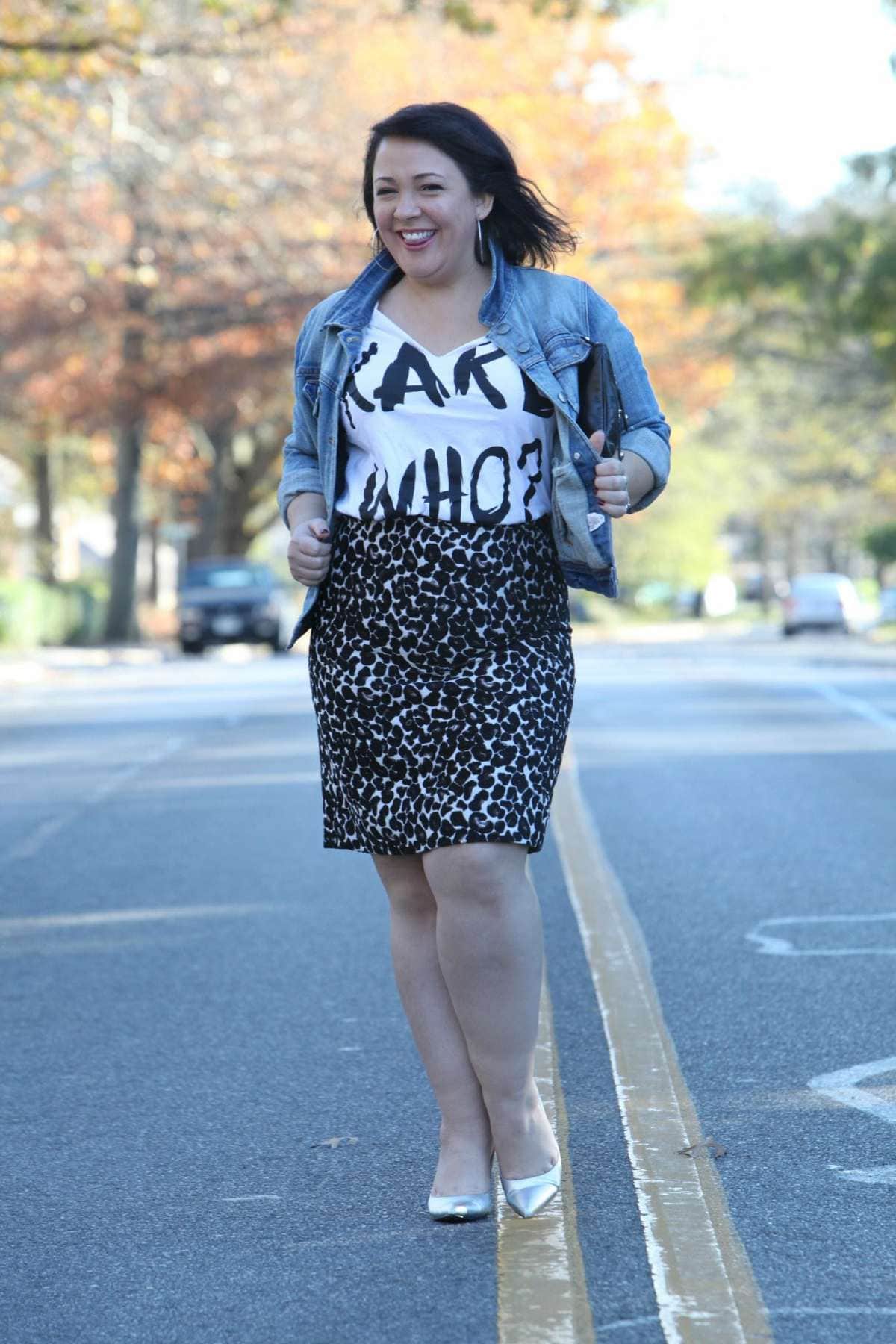 Wardrobe Oxygen wearing a J. Crew Factory denim jacket and leopard skirt and Nine West silver pumps