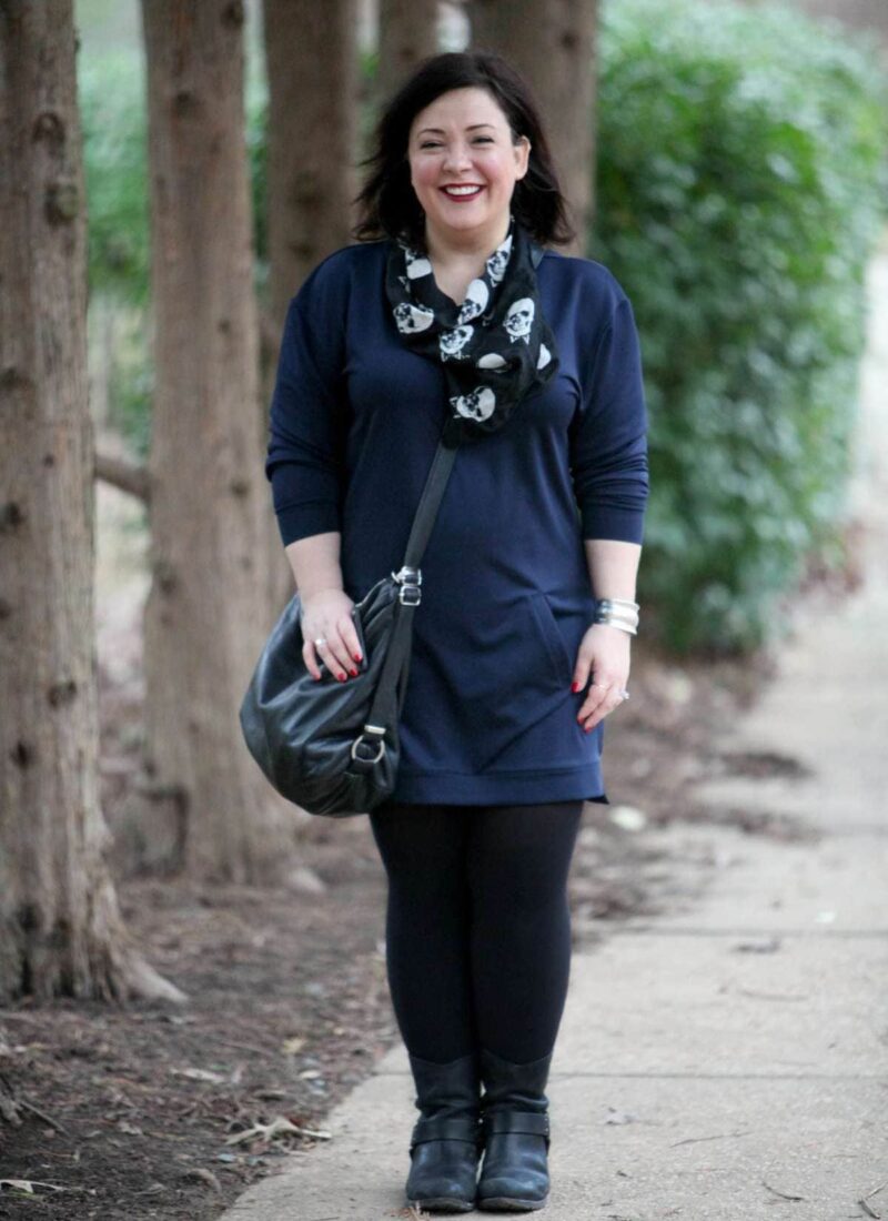 Wardrobe Oxygen, an over 40 fashion and personal style blog, featuring a navy sweatshirt dress and black harness boots