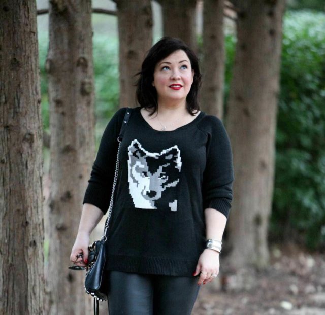 Wardrobe Oxygen, an over 40 fashion and personal style blog featuring leather front pants and a BB Dakota intarsia sweater