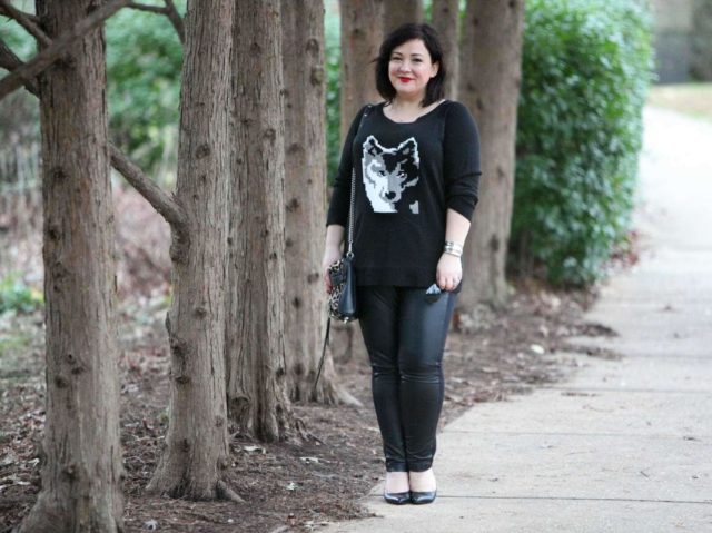 Wardrobe Oxygen, an over 40 fashion and personal style blog featuring leather front pants and a BB Dakota intarsia sweater