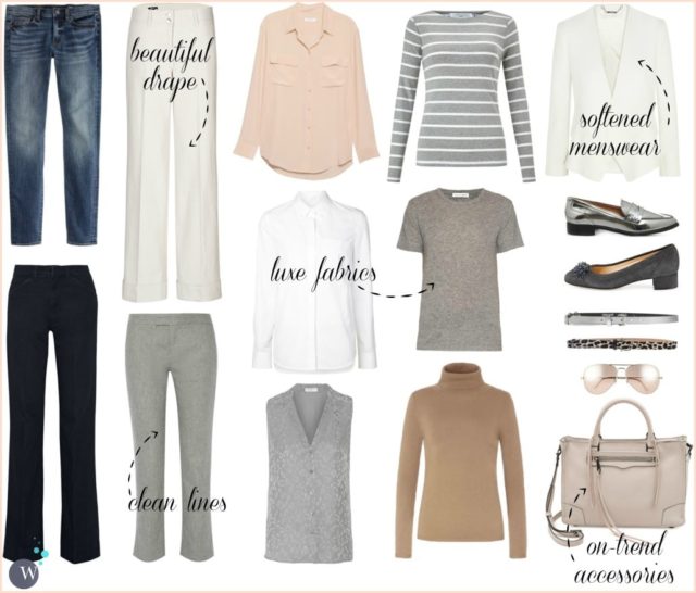 Capsule Wardrobe: Feminine Menswear. Think Diane Keaton meets Ellen DeGeneres. Business Casual and perfect for an active creative women over 40 or over 50