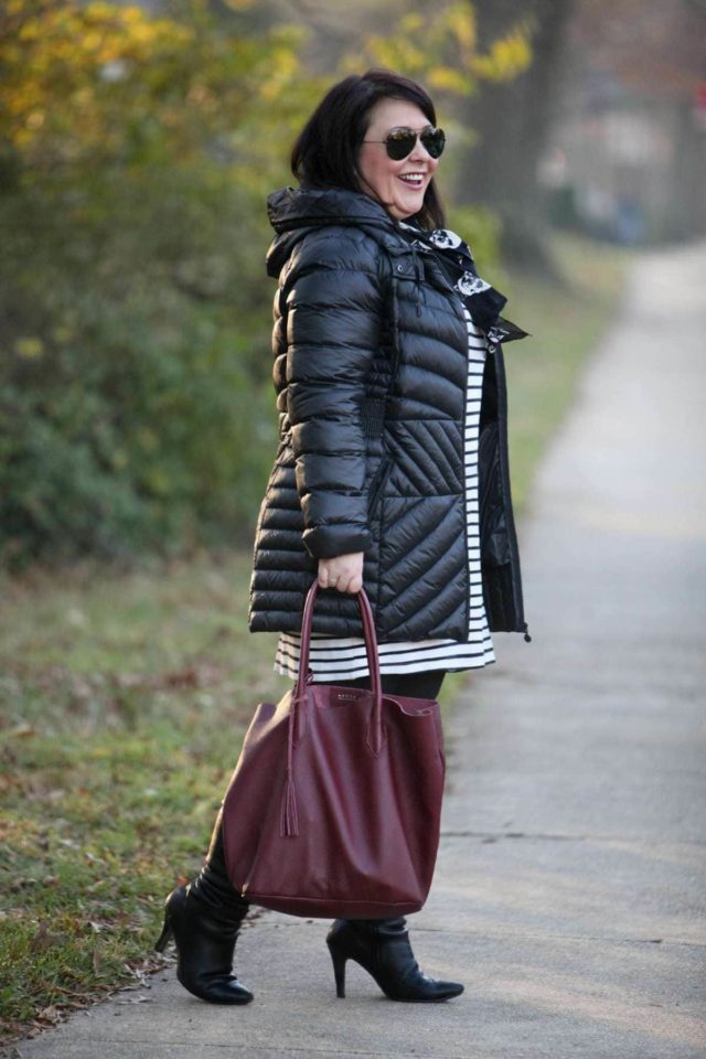 wardrobe oxygen featuring bernardo outerwear packable down parka and ADORA bags tote in limited edition marsala color