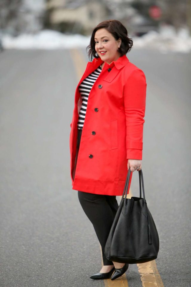 Wardrobe Oxygen featuring an orange Ann Taylor trench and a black tote from Adora Bags