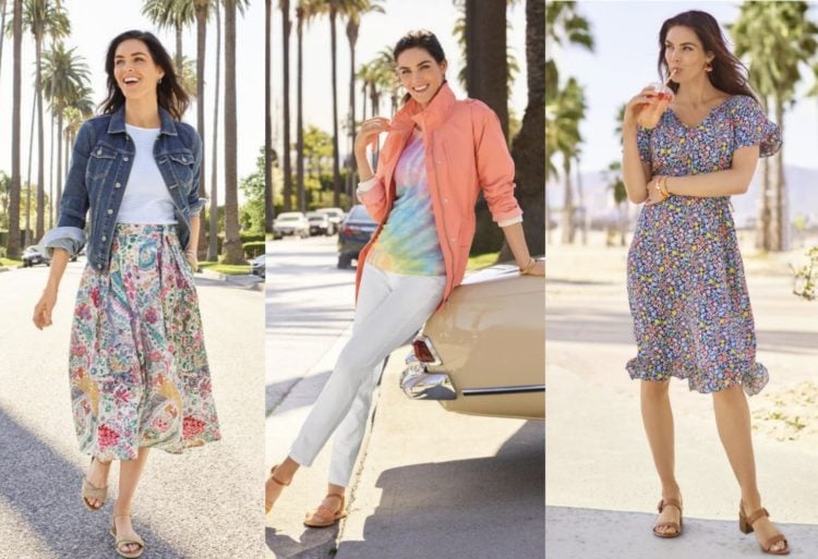 three images of a brunette woman wearing Talbots fashion that features tie dye, romantic florals, and denim