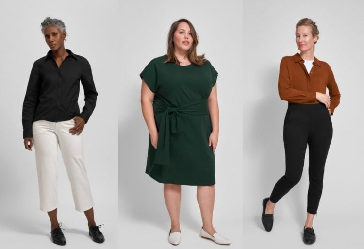 three women wearing universal standard fashion standing in a studio