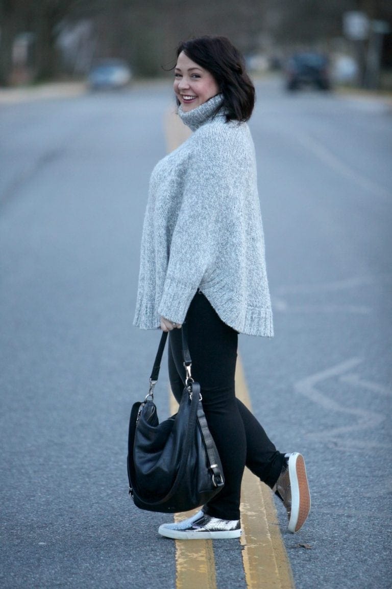 Wardrobe Oxygen featuring a turtleneck poncho sweater, leather front ponte pants, metallic Superga slip-on sneakers and Rough & Tumble Bags