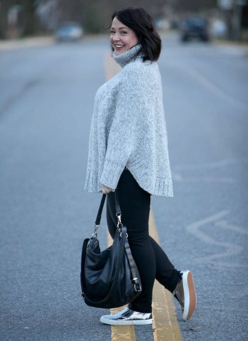 Wardrobe Oxygen featuring a turtleneck poncho sweater, leather front ponte pants, metallic Superga slip-on sneakers and Rough & Tumble Bags