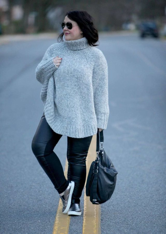 Wardrobe Oxygen featuring a turtleneck poncho sweater, leather front ponte pants, metallic Superga slip-on sneakers and Rough & Tumble Bags