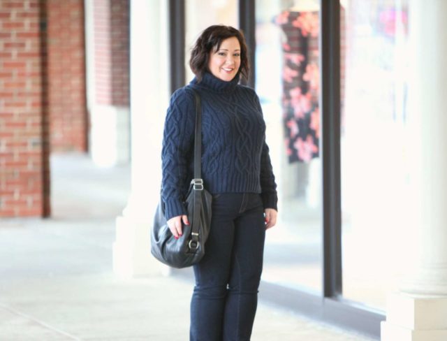 Wardrobe Oxygen wearing a navy Lands End cableknit turtleneck sweater with JAG Foster Bootcut jeans