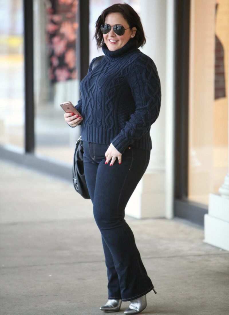 Wardrobe Oxygen wears a Lands End cable knit turtleneck sweater and JAG JeansWhat I Wore: Cozy Navy