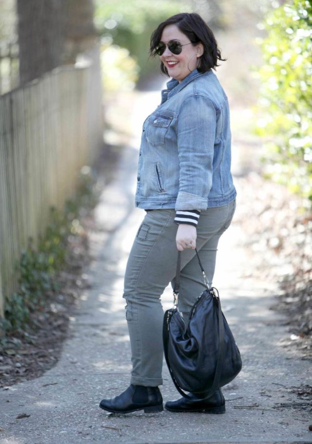 Wardrobe Oxygen featuring a J. Crew Factory denim jacket and striped tee with JAG Jeans Erin cuffed ankle pant