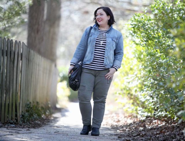 Wardrobe Oxygen featuring a J. Crew Factory denim jacket and striped tee with JAG Jeans Erin cuffed ankle pant