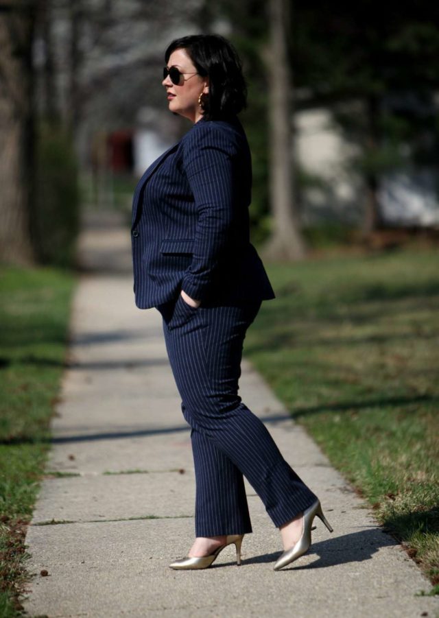 Wardrobe Oxygen featuring a navy pinstripe pantsuit from Banana Republic with gold d'Orsay pumps from Payless