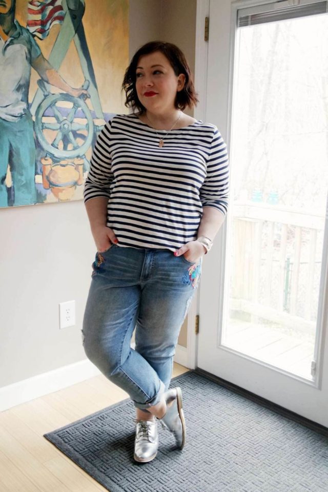 Wardrobe Oxygen wearing JAG Jeans embroidered boyfriend jeans with a J. Crew Breton stripe tee and silver oxfords