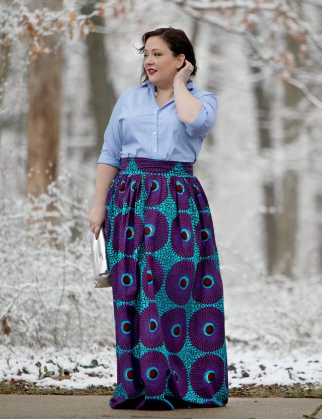 Wardrobe Oxygen wearing a Lands' End striped button front shirt with blue ankara maxi skirt