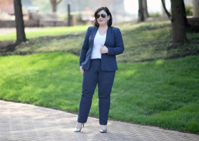 Wardrobe Oxygen featuring a navy pinstripe pantsuit from Banana Republic with gold d'Orsay pumps from Payless