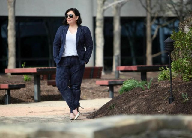 Wardrobe Oxygen featuring a navy pinstripe pantsuit from Banana Republic with gold d'Orsay pumps from Payless