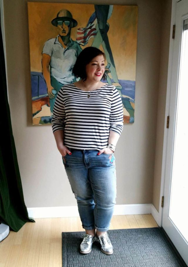 Wardrobe Oxygen wearing JAG Jeans embroidered boyfriend jeans with a J. Crew Breton stripe tee and silver oxfords