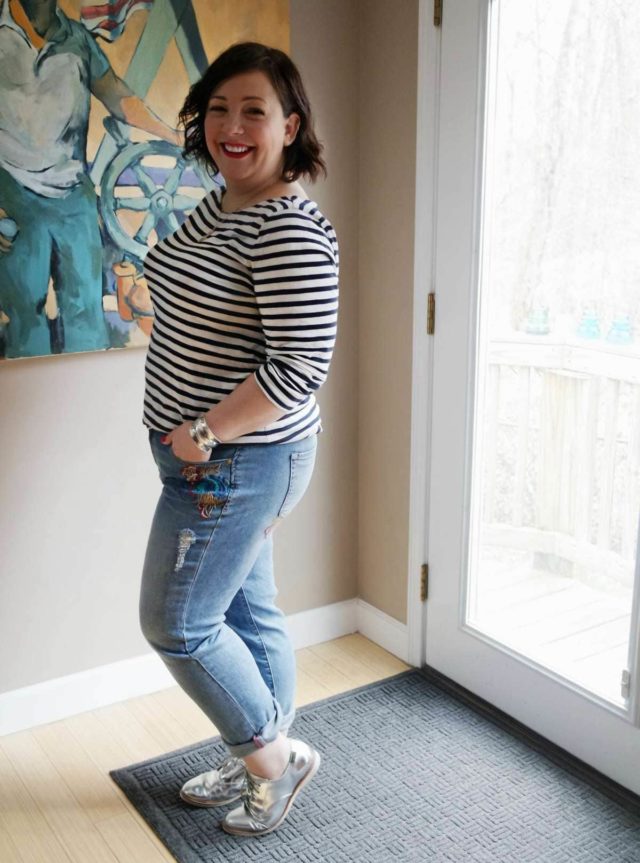 Wardrobe Oxygen wearing JAG Jeans embroidered boyfriend jeans with a J. Crew Breton stripe tee and silver oxfords