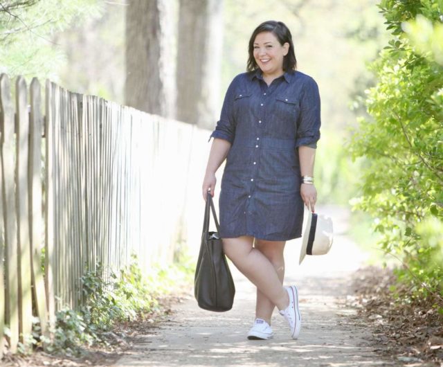 Over 40 fashion blog Wardrobe Oxygen in a Boden dress, Converse sneakers, and carrying an Adora Bags tote