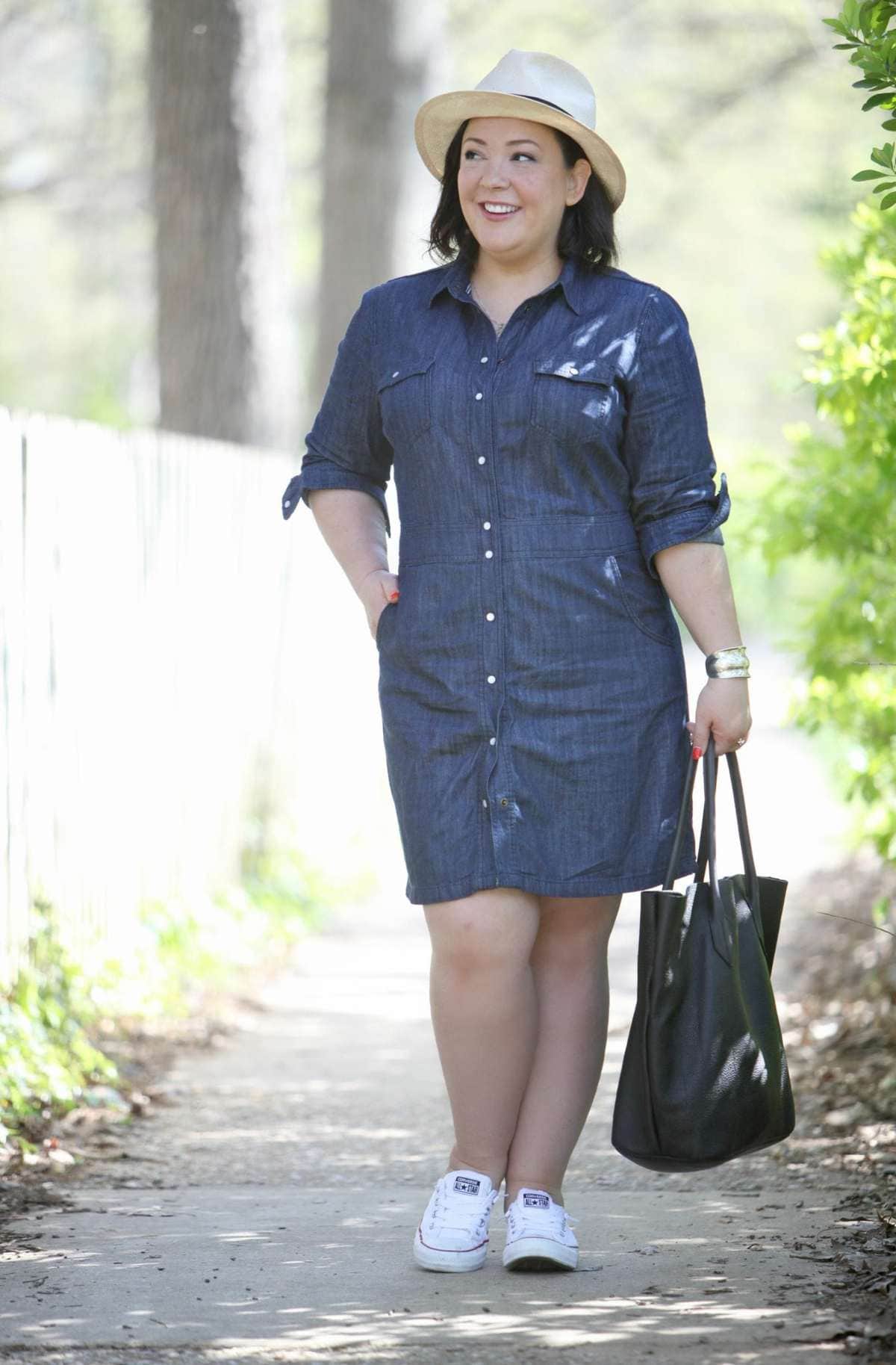 Over 40 fashion blog Wardrobe Oxygen in a Boden dress, Converse sneakers, and carrying an Adora Bags tote