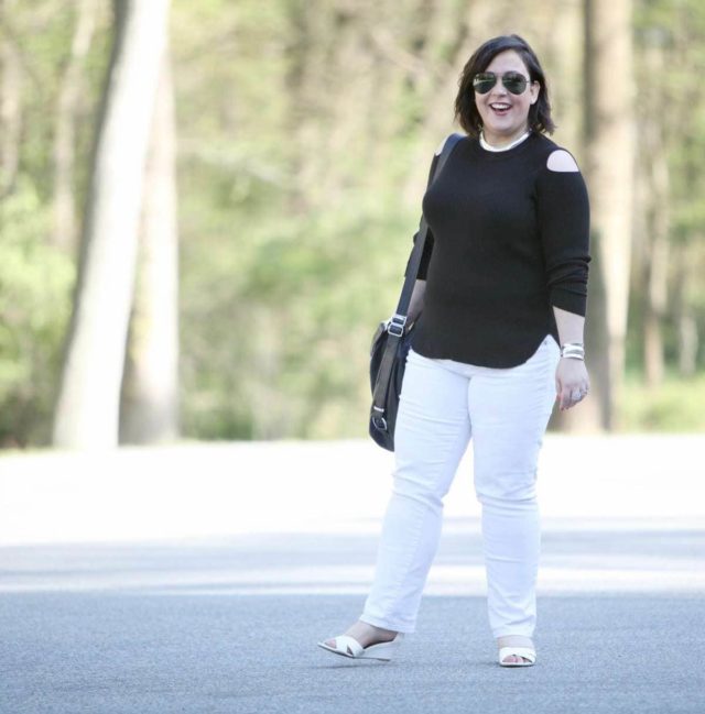 Over 40 fashion blogger Wardrobe Oxygen in a cold shoulder sweater, JAG jeans and Payless sandals