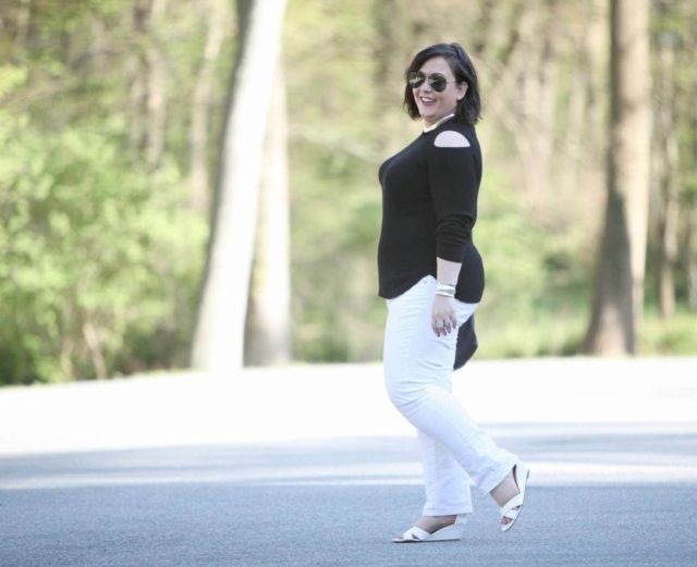 Over 40 fashion blogger Wardrobe Oxygen in a cold shoulder sweater, JAG jeans and Payless sandals