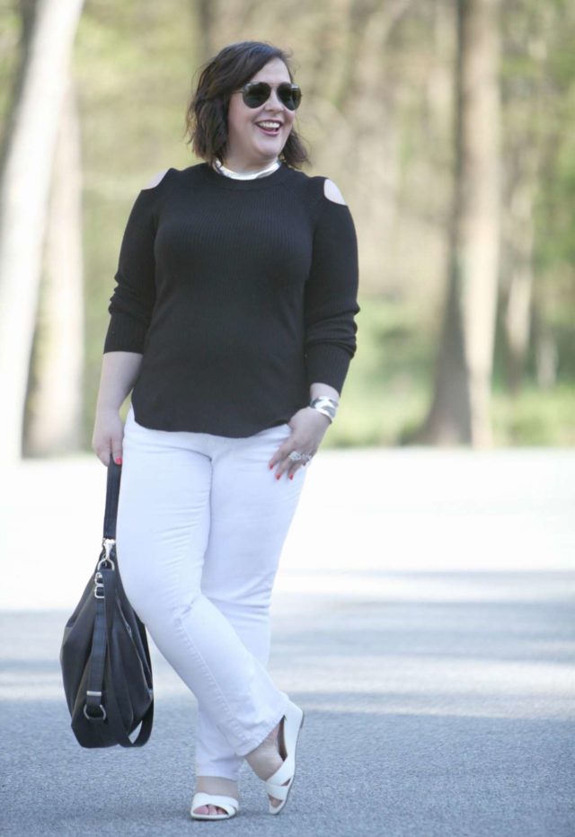 Over 40 fashion blogger Wardrobe Oxygen in a cold shoulder sweater, JAG jeans and Payless sandals