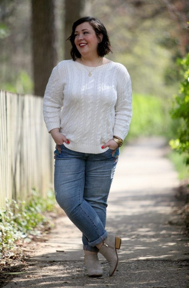 Wardrobe Oxygen, an over 40 fashion blog featuring a Lands' End cableknit sweater, JAG Jeans, and Clarks ankle booties