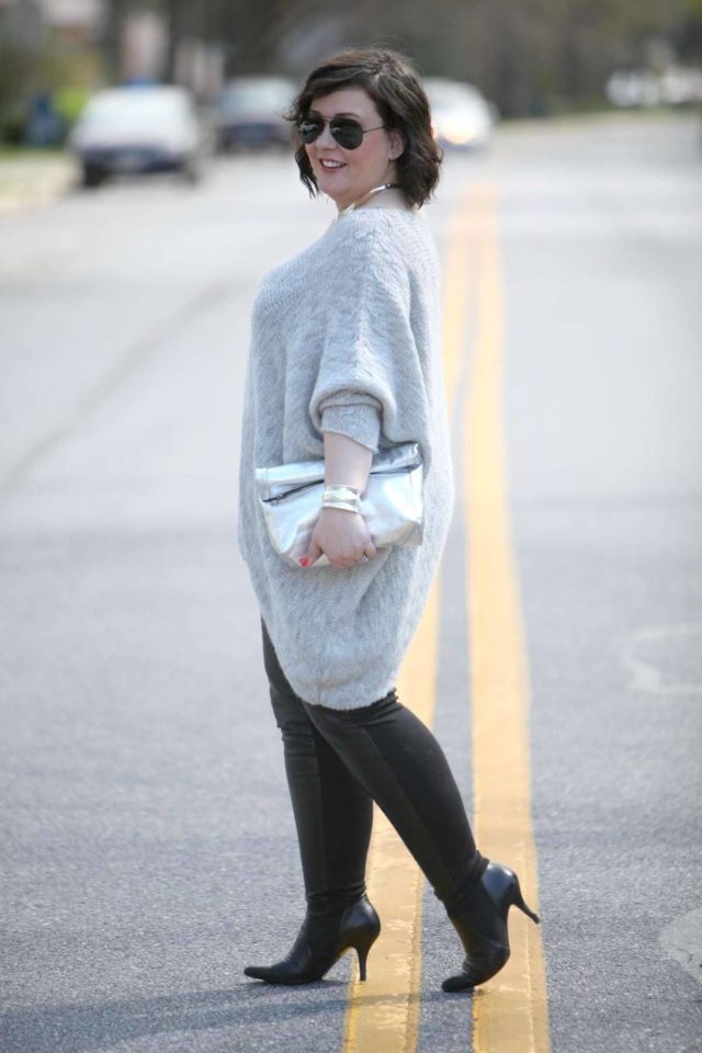 Wardrobe Oxygen, an over 40 fashion blogger wearing a Stella Carakasi alpaca sweater, faux leather leggings, and a Topshop silver leather clutch