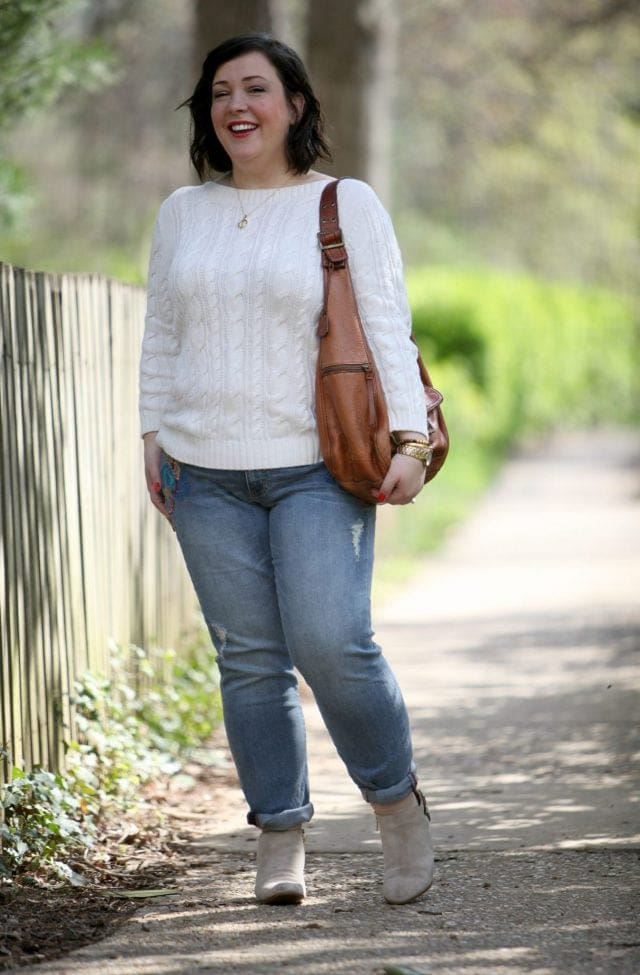 Wardrobe Oxygen, an over 40 fashion blog featuring a Lands' End cableknit sweater, JAG Jeans, and Clarks ankle booties