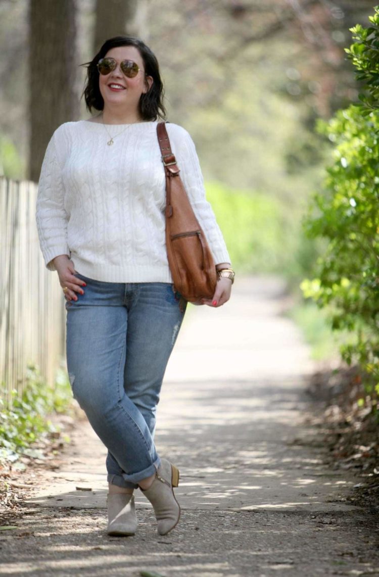 How to Make your Millennial Booties Work in 2025 & 2026 1 Wardrobe Oxygen, an over 40 fashion blog featuring a Lands' End cableknit sweater, JAG Jeans, and Clarks ankle booties