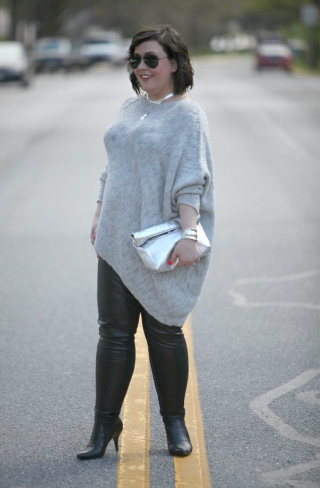 Wardrobe Oxygen, an over 40 fashion blogger wearing a Stella Carakasi alpaca sweater, faux leather leggings, and a Topshop silver leather clutch