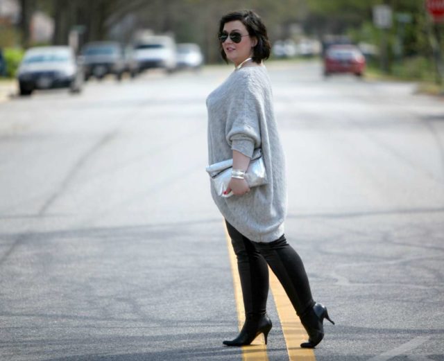 Wardrobe Oxygen, an over 40 fashion blogger wearing a Stella Carakasi alpaca sweater, faux leather leggings, and a Topshop silver leather clutch