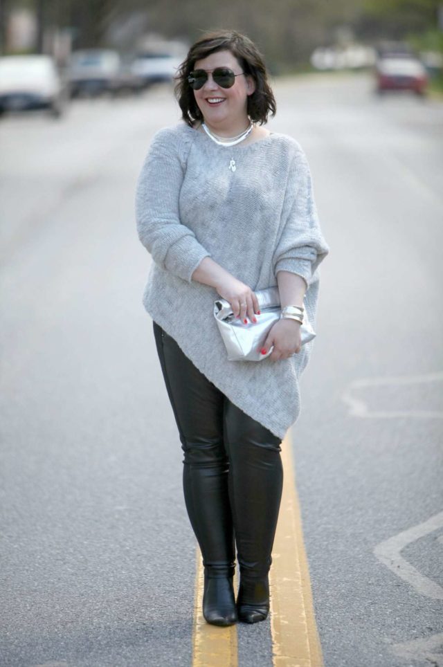 Wardrobe Oxygen, an over 40 fashion blogger wearing a Stella Carakasi alpaca sweater, faux leather leggings, and a Topshop silver leather clutch