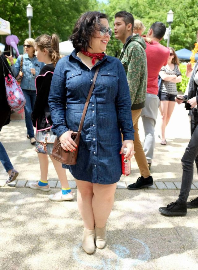 Wardrobe Oxygen, over 40 fashion blogger in Boden denim dress, bandana, Clarks booties and a vintage Coach bucket bag