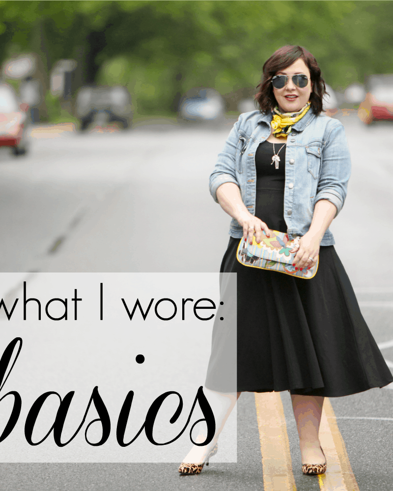 Wardrobe Oxygen wearing a DVF Warhol scarf with black fit and flare dress denim jacket and leopard pumps
